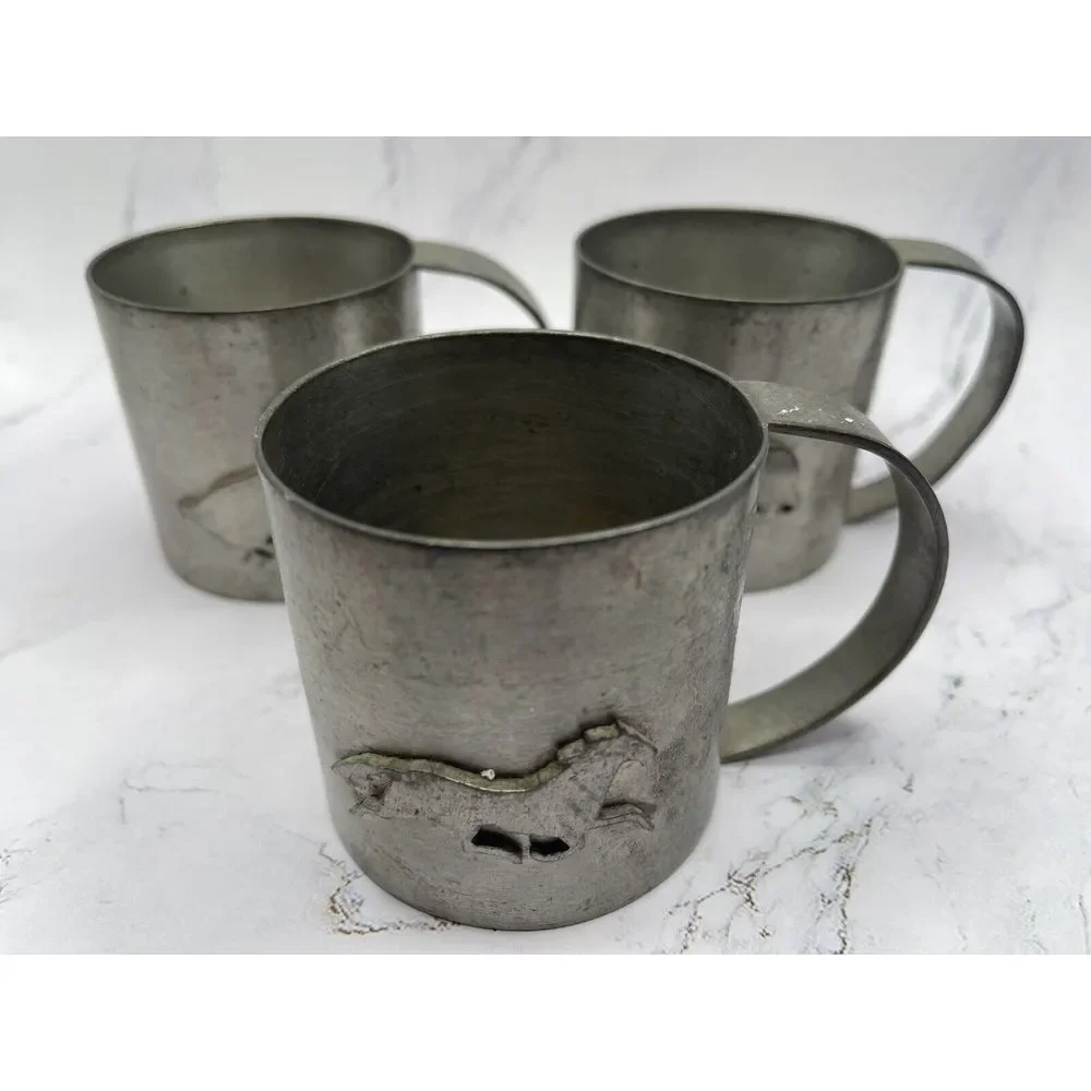 3 Children's Metal Cups w/Animals Duck, Horse,‎ Bear Vintage